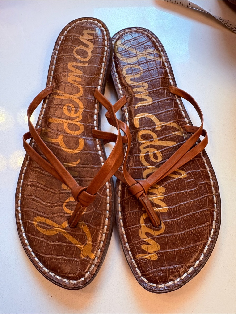 Sam Edelman Brown Croc-Embossed Leather Thong Sandals